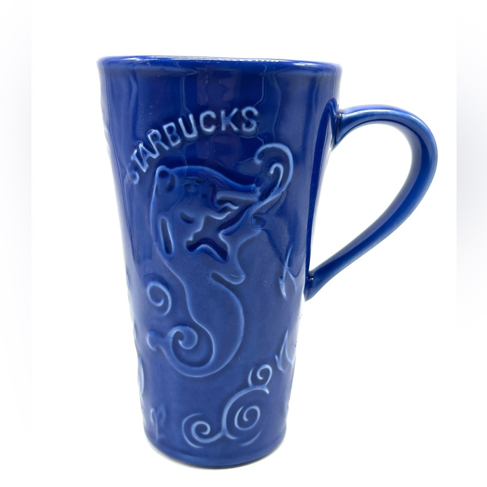 Starbucks Cobalt Blue Siren Mermaid Tall Coffee Travel Mug Ceramic Cup With Lid